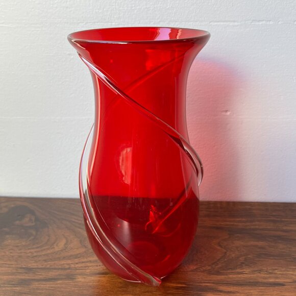 Murano Hand Blown Vase Ruby Red with Clear Swirls 9" Tall - Picture 3 of 16